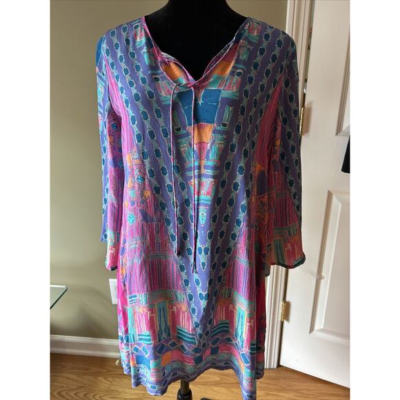 Tolani Tunic Sheath Dress Multicolor Boho Print Size S Tie blue purple pink silk - Picture 1 of 15